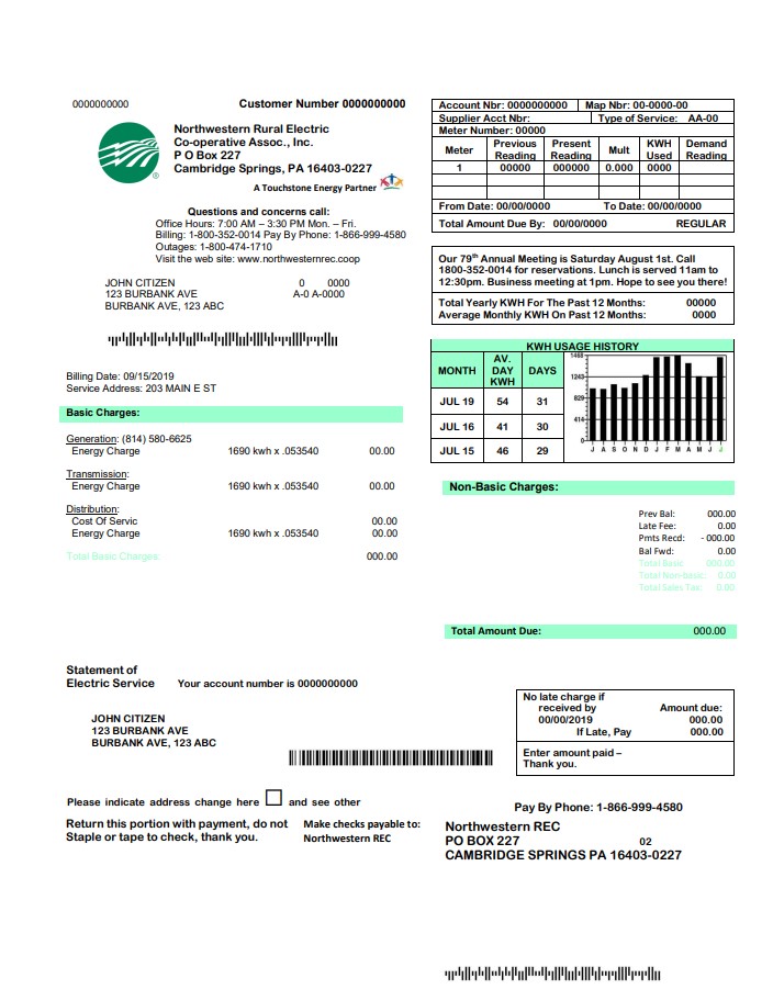 USA Northwestern Rural Electric utility bill template, fully editable in Word and PDF format